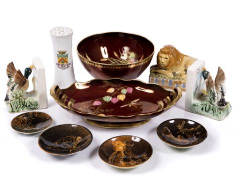 A group of porcelain  to include two pieces of Carlton ware, a pair of duck bookends, four Lavender Beard Australian bowls an