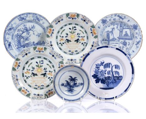 An English Delftware plate circa 1770 with blue Chinese scenes, three other Delftware plates, a dish and a smaller blue Delft