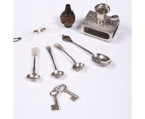 A silver vesta box and candle stand reproduction silver spoon, two silver keys, silver mustard spoons,snuff bottle etc