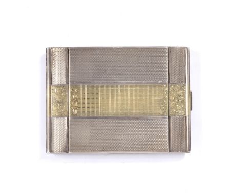 A Czechoslovakian white metal card case with engine turned decoration and gilt panel, 140 grams