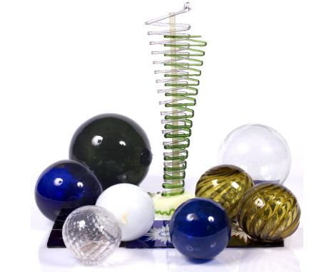 A collection of glass  to include eight glass witches ball, a Jacob's ladder,and some stained glass panels for doors, 19th Ce