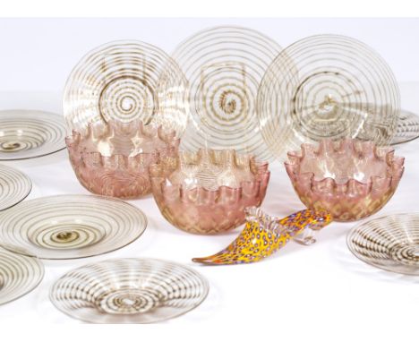A Venetian glass late 19th/early 20th Century set of six 19th Century aventurine dessert saucers, four similar saucers, three