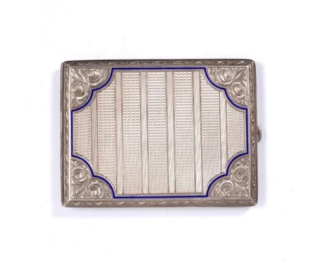 A Czechoslovakian white metal cigarette case with engine turned and inlaid enamel decoration, stamped 800, 155 grams