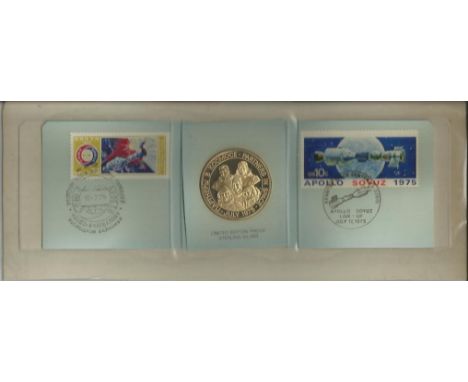 Partners in space Commemorative containing 2 special postage stamps and sterling silver first edition proof medal. Good condi