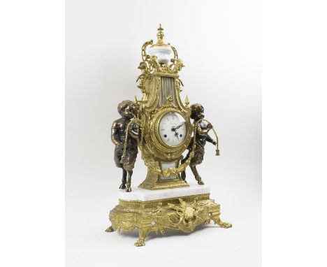 MANTEL CLOCK, Louis XVI style gilt metal and white marble, bell striking movement, 62cm H max.