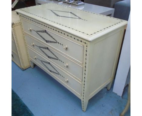 COMMODE, three drawer, cream, Regency style with decorative detail, 110cm W x 50cm D x 85cm H.