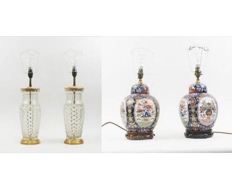 'GINGER JAR' TABLE LAMPS, a pair, 20th century Chinese ceramic, 30cm H; & a pair of cut glass table lamps, 34cm H, all plus s