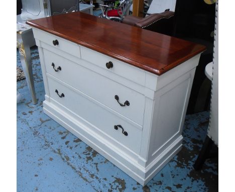 COMMODE, wooden top, white painted finished base with two short and two long drawers, 124cm x 50cm x 87cm H. (with faults)