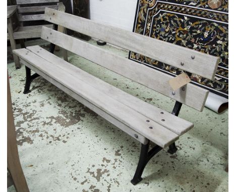 PARKLAND BENCH, large vintage substantial planked weathered teak with iron supports, 183cm W.