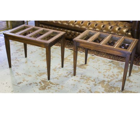 LUGGAGE STANDS, a pair, early 20th century vintage mahogany slatted with gilt metal bound and tapering supports, 38cm x 61cm 