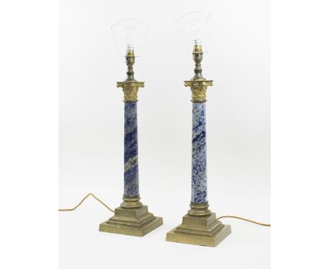 TABLE LAMPS, a pair, 20th century of architectural form with blue and white marble columns brass bases and capitals, 48cm H. 