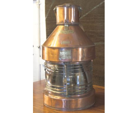 SHIPS LANTERN, vintage 'Birmingham' copper stamped 'Mast head', with dyed oil glass enclosing mirror circled oil lamp, 60cm H