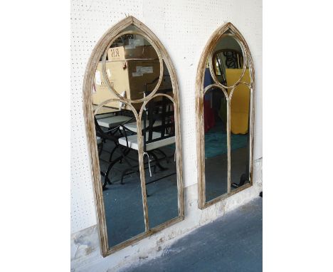 GARDEN MIRRORS, a pair, Architectural Gothic style in distressed painted finish, 122cm x 56cm. (2)