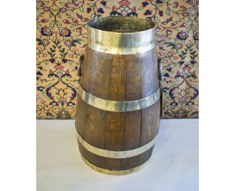 BARREL, vintage oak and brass bound with carrying handles, 48cm H.
