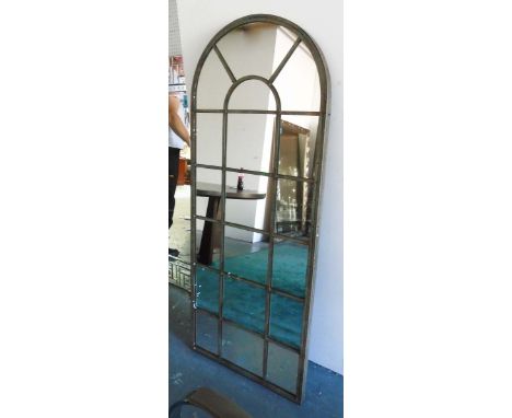 GARDEN MIRROR, Architectural with domed top in a distressed effect metal frame, 158cm x 66cm.
