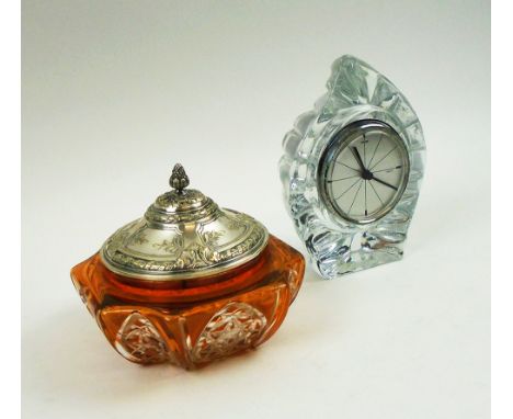 BACCARAT AMBER GLASS POT, with silver coloured metal lid, 13cm W x 12cm H and a Daum glass table clock. (2)