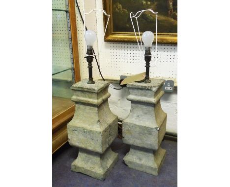 TABLE LAMPS, a pair, architectural form, adapted from stone square balustrades, 48cm H. (2) (with faults)