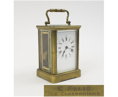 CARRIAGE CLOCK, early 20th century, the brass case inscribed 'C. Ellis, The Cameronians', 11cm H.