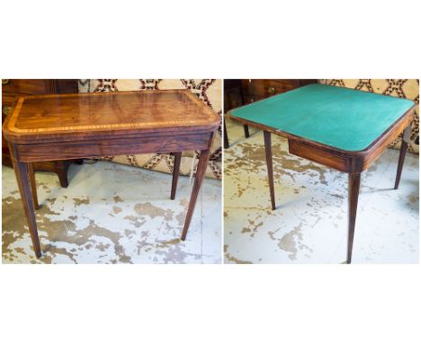 CARD TABLE, late George III rosewood, satinwood crossbanded and line inlaid with rounded rectangular foldover baize lined top