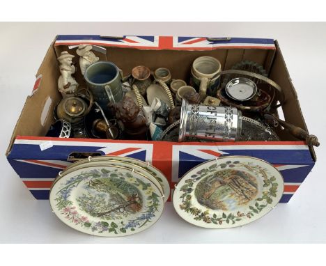 A mixed lot to include various plated and blue glass trinket dishes, West German pottery, Steins, figures, cut glass etc 