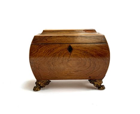 A Regency bombe sarcophagus form tea caddy, with rope twist handles, on ormolu feet, 21cmW 