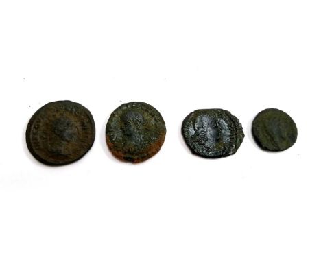 Four Roman coins, including a Constantine Folis with camp gate reverse (4) 