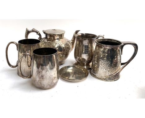 A silver plated teapot, together with various plated tankards and one Tudric pewter tankard 