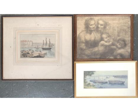 After Frank W. Wood, HM Defiance, colour print, 12x30cm; together with a 19th century colour engraving of Weymouth, drawn and
