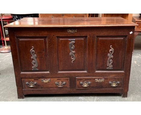 An 18th century three panel mule chest, 124x56x81cmH 