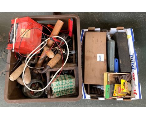 Two boxes of vintage tools, to include drill, chisels, hammer, various fittings etc 