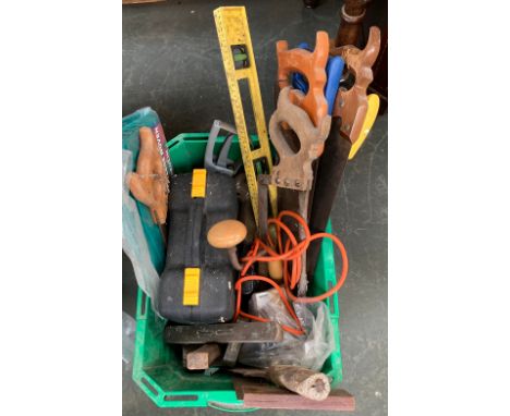 A green Safeway crate to contain a variety of hand tools, mouse sander etc 