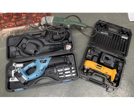 A new and cased Erbauer 18v all purpose saw; a DeWalt 90 degree electric screwdriver; and a Bosch PWS 12-180 angle grinder 