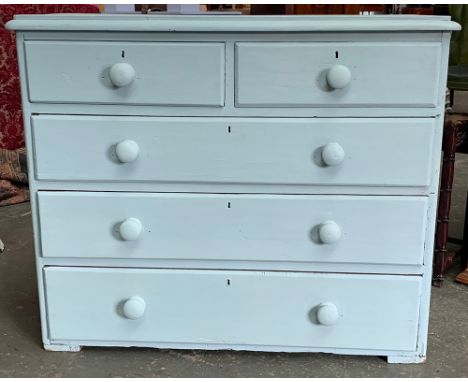 A blue painted 19th century pine chest of two short over three long drawers, 107cmW 