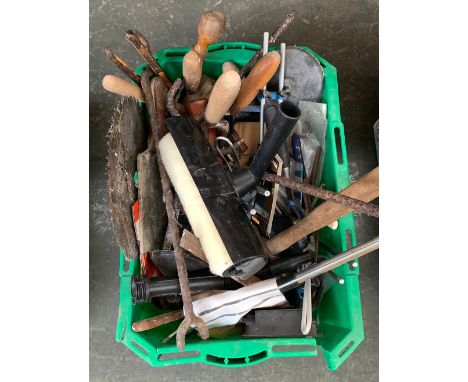 A green Safeways crate containing various vintage hand tools; together with a tile cutter 