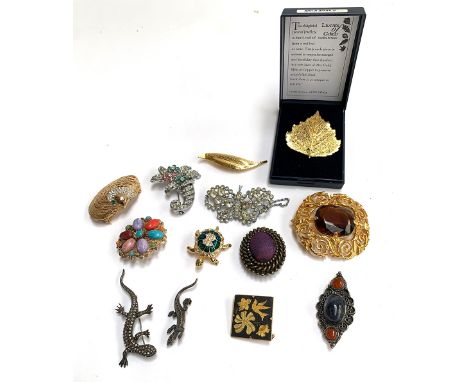 A quantity of costume jewellery brooches, to include two white metal lizards set with marcasites; gilt metal and enamel torto