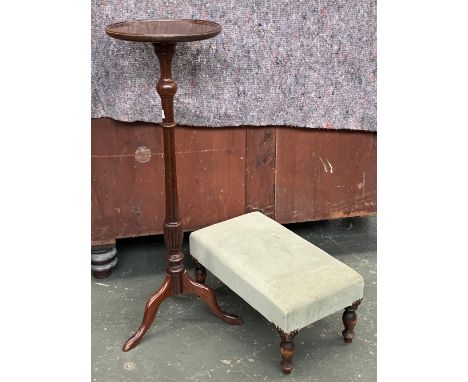 A 19th century upholstered footstool, 49cmW; together with a mahogany tripod pot stand, 89cmH 