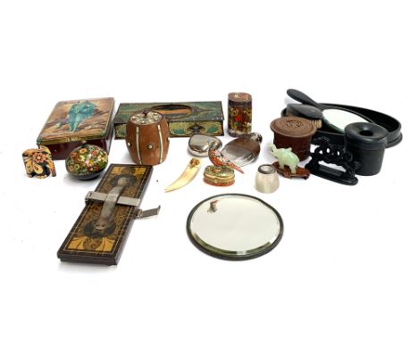 A mixed lot include a cloisonne liddle pot, tie press, ebonised string box, Rowntree's Coco works tin, etc 