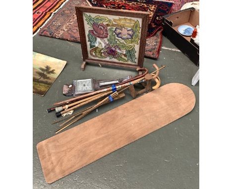 A mixed lot to include embroidered glazed fire screen; shoe slob; barometer (af); wooden board 