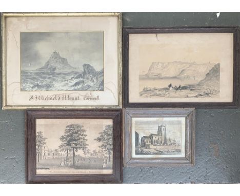 A pencil sketch of St. Michael's Mount, 21x29cm; together with a 19th century print of Scarborough Castle from the North Clif