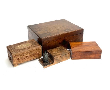 A 19th century mahogany writing box, 27cmW; together with a chess box, small trinket box with carved Scottie dog; and a small