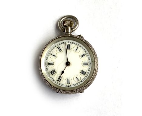 A .935 silver ladies open face fob watch in an engine turned case