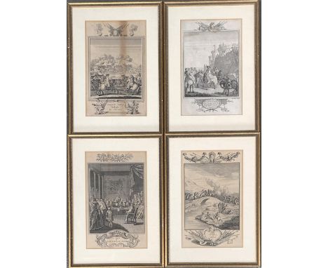 A set of four 18th century engravings relating to the English Civil War, 'The Battle of Preston', 'A View of the Trial of the