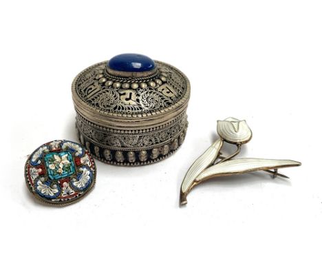 A sterling silver and guilloche enamel tulip brooch, hallmarked, likely Norwegian; a micro mosaic brooch, 2.7cmD; and a white