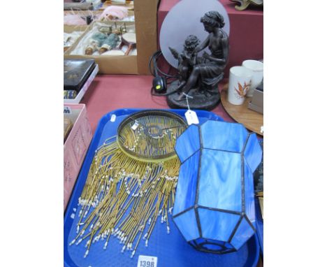 A Decorative Figural Table Lamp, of a seated maiden and cherub with frosted shade; together with two modern Art Deco style li