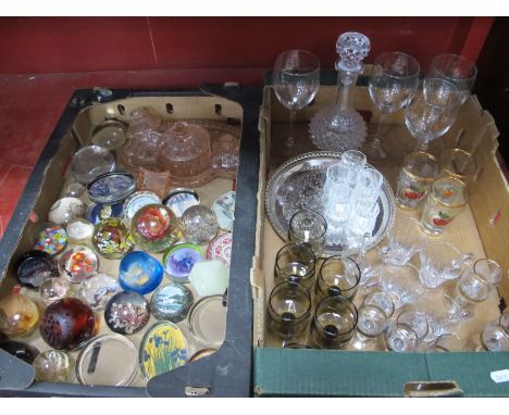 Paperweights, including Caithness, Onyx, 1930's trinket set, drinks set, custard glasses, other glassware:- Two Boxes.