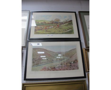 Cecil Aldin, Hunting Scene print, printed by Alfred Bell, pencil signed, 32 x 59cm. After R. H. Buxton 'Over Hill and Dale', 