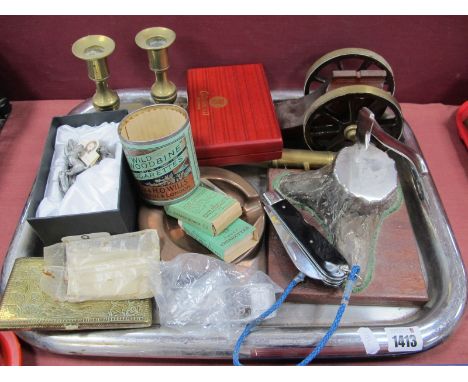 Model Canon, lumberjacks axe, knife, heavy coppered ashtray, cigarette cards, etc:- One Tray.