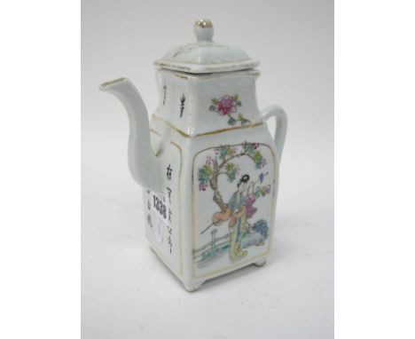 A Chinese XIX Century Teapot and Cover, of footed rectangular form, painted in alternating panels of Long Eliza and script, 1