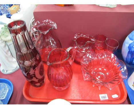 Two Cranberry Bowled wines, two jugs, ovoid and wavy bowls, ruby flash glass vase:- One Tray.