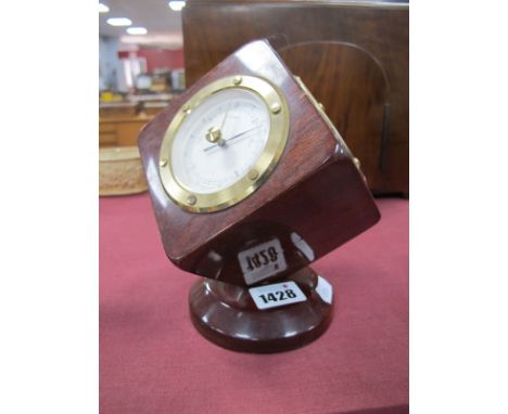 Thermo German Cube Clock, barometer, thermometer in mahogany, swivelling on circular base, 17.5cm high.